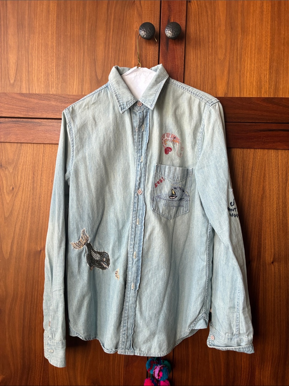 MOTHER Light Wash Denim Button-Down Shirt with Whale & Embroidered Details